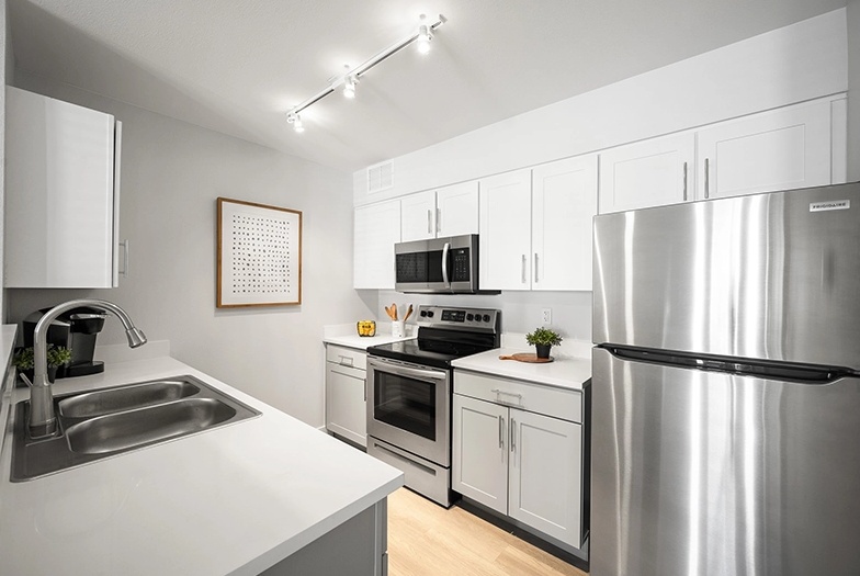 Kitchen with double stainless steel sink