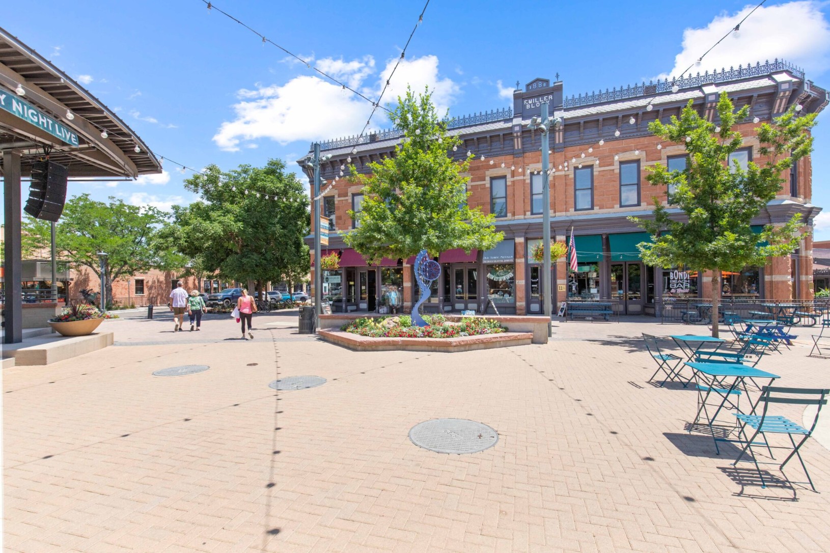 String lights and patio seating in Old Town Square Fort Collins